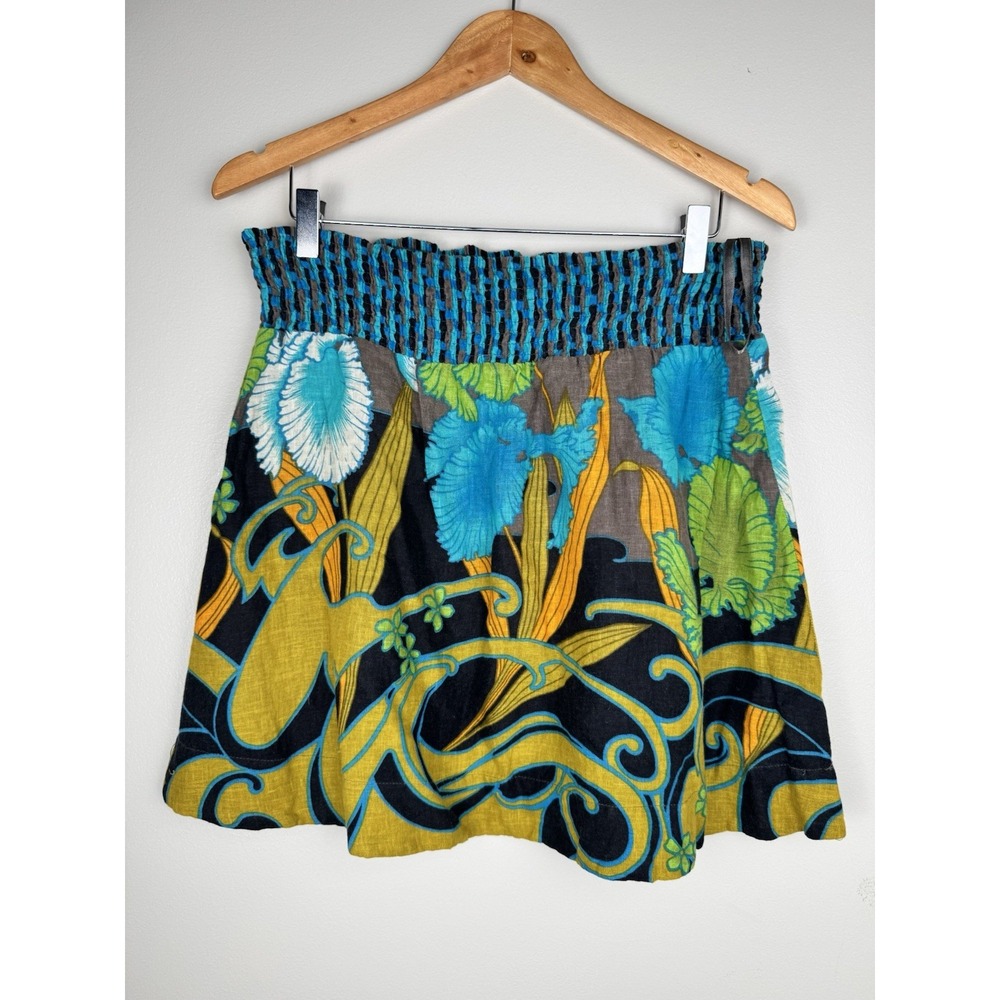 Free People Skirt Womens Medium Brown Floral Linen Blend Lined Pull On Tropical